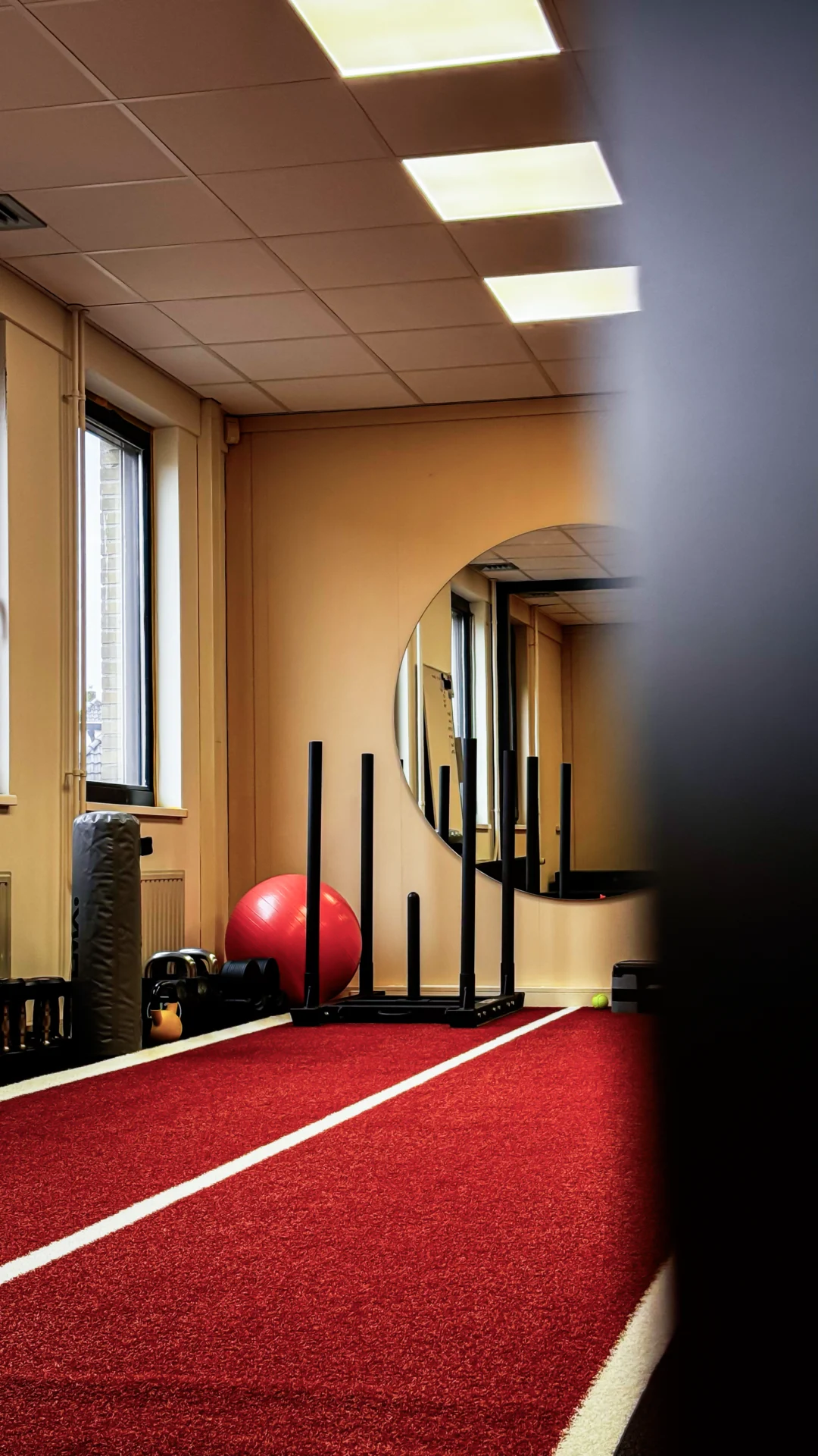 Hoek van de studio met sledes, kettlebells en een gymbal